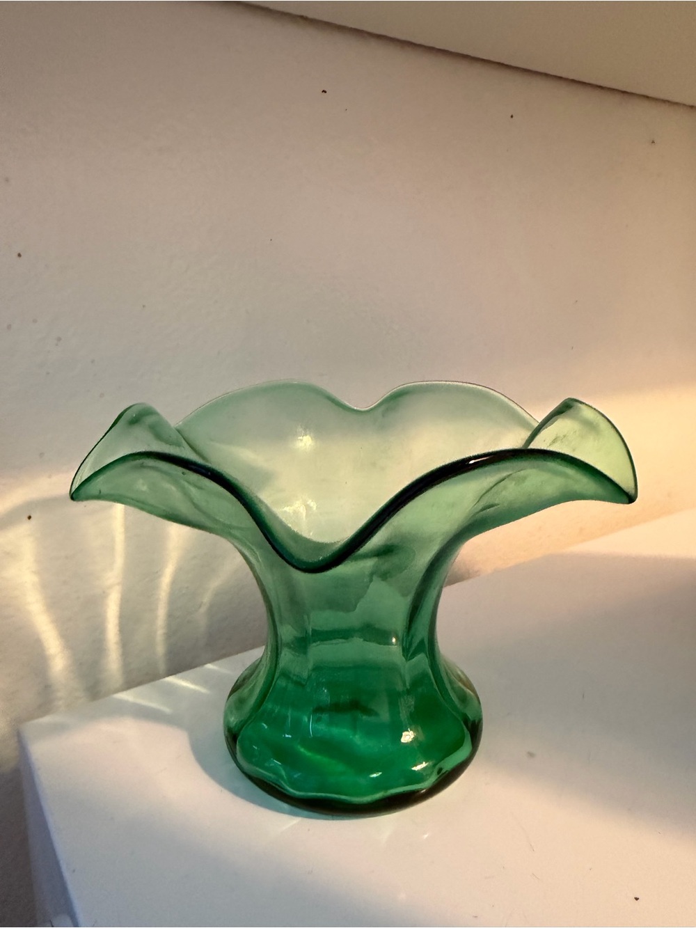 Vintage Hand Blown Ruffled Green Glass Vase